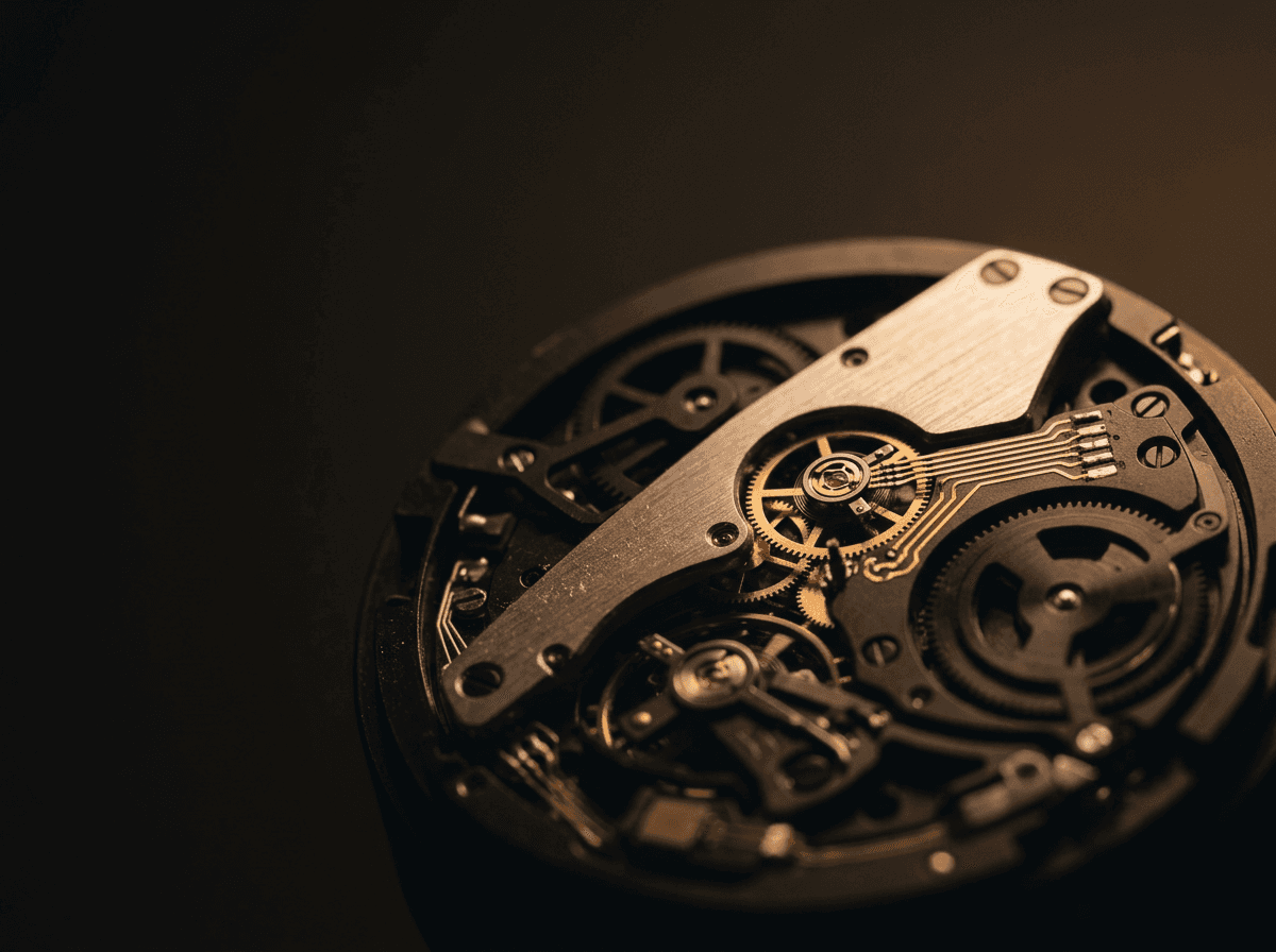 Macro still of an HCL parser engine, lit clinically with tinted ambient amber light.