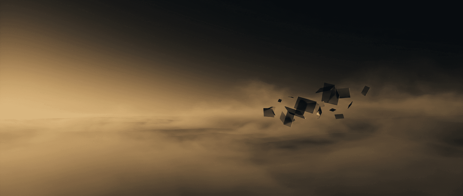 Atmospheric amber skyline with floating cinematic surfaces fading out of frame.