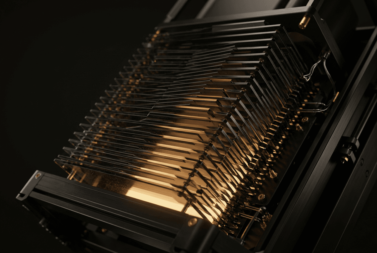 Macro still of the Complimetric parser engine, lit clinically with directional amber light.